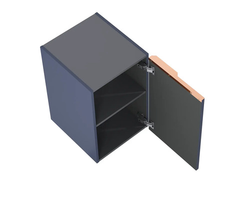 Vägghängande skåp med öppen dörr och två hyllor för extra förvaringsutrymme