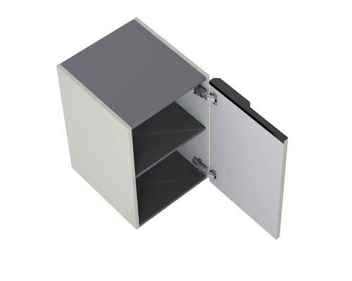 Vägghängd skåp med öppen dörr och två hyllor