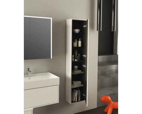 Badrumsscen med tvättställ och öppet högskåp för förvaring