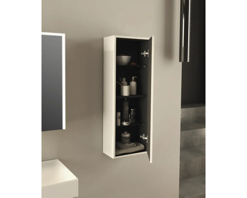 Öppet badrumsskåp med hyllor för förvaring av badrumsartiklar