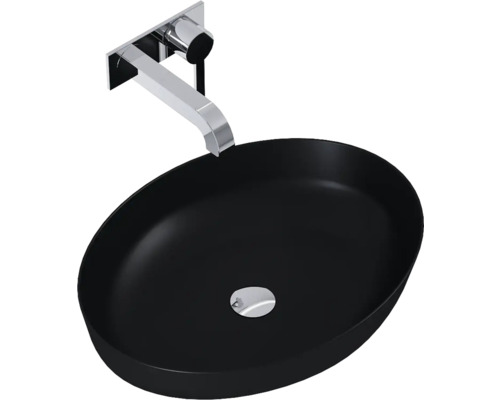 Oval tvättställ i keramik med väggmonterad blandare