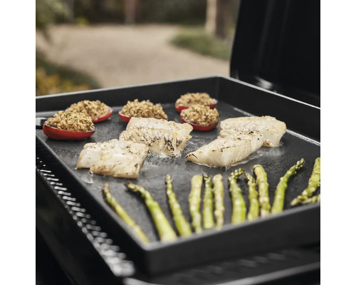 Grönsaker, fisk och fyllda tomater på grillplatta