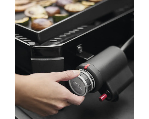 En hand justerar ratten på en gasolgrill för att grilla grönsaker.