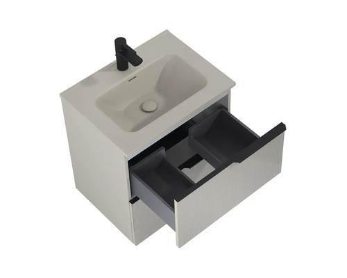 Tvättställsskåp med öppen låda och blandare