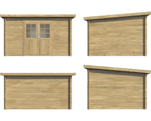 Flera vyer av ett trädgårdsskjul i trä med dubbeldörr