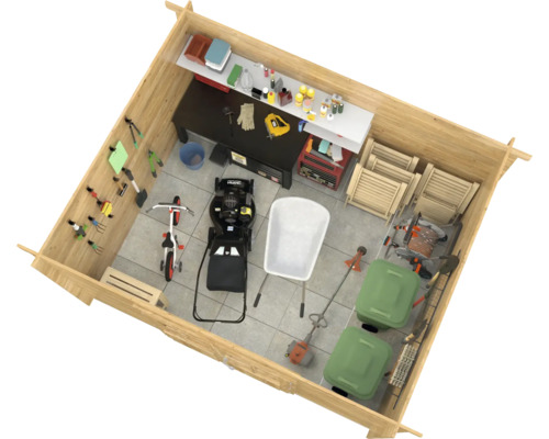 Interiör av en ljus trädgårdsskjul med trädgårdsredskap, arbetsbänk och hyllor