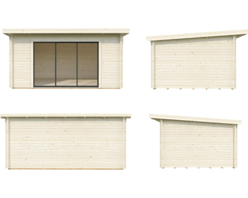 Vy av ett trädgårdshus med pulpettak och skjutdörr