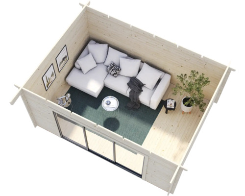 Interiörvy av ett trädgårdshus med soffa, bord och dekoration