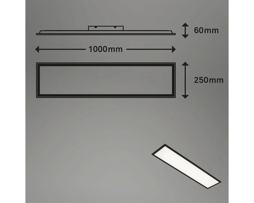 Teknisk ritning av en taklampa med måtten 1000 mm längd, 250 mm bredd och 60 mm höjd.