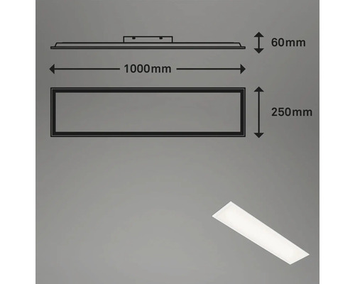 Teknisk ritning av en LED-lampa med måtten 1000 mm lång, 250 mm bred och 60 mm hög