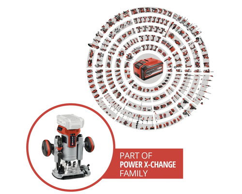 Einhell överhandsfräs som en del av Power X-Change-familjen, avbildad med andra verktyg och ett batteri