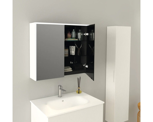 Modernt badrum set med handfat, spegelskåp och högskåp