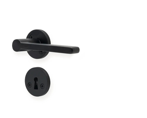 Svart dörrhandtag med rosetter och nyckelhål