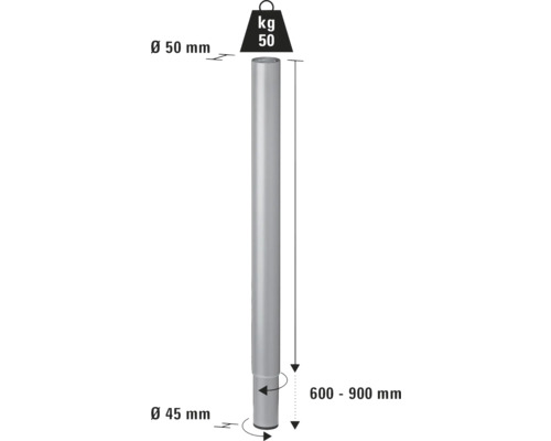 Teknisk ritning av en stödstolpe med måtten 50 millimeter i diameter upptill, 45 millimeter i diameter nedtill och 600 till 900 millimeter i längd.