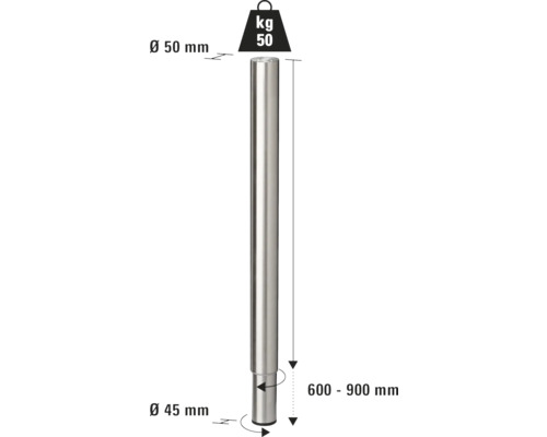 Justerbart bordsben i stål med måtten 600 till 900 millimeter och en lastkapacitet på 50 kilogram.
