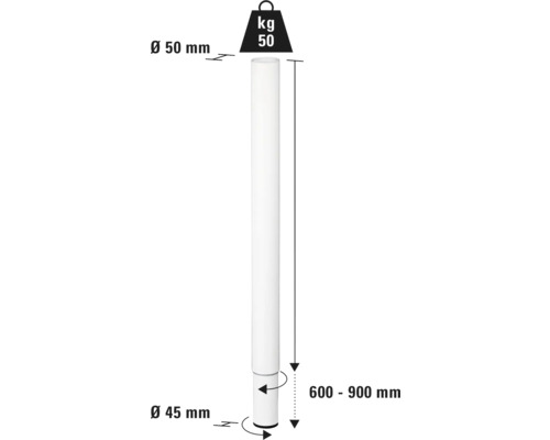 Teknisk ritning av ett stöd med en diameter på 50 millimeter upptill och 45 millimeter nedtill samt en höjd på 600 till 900 millimeter med en lastkapacitet på 50 kilogram.