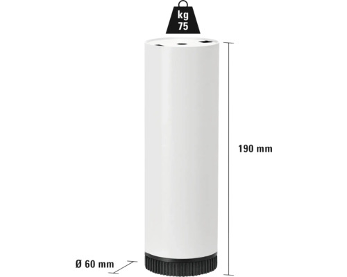 Cylinderformat bordsben med måtten 190 mm högt och 60 mm i diameter, lastkapacitet 75 kg
