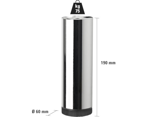 Möbelben av metall, 190 mm högt, diameter 60 mm, lastkapacitet 75 kg