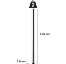 Bild av en stödstång som mäter 1150 mm lång och 60 mm i diameter, maximal lastkapacitet 75 kg.