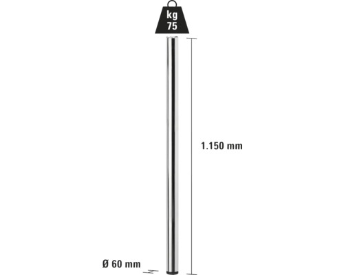 Bild av en stödstång som mäter 1150 mm lång och 60 mm i diameter, maximal lastkapacitet 75 kg.