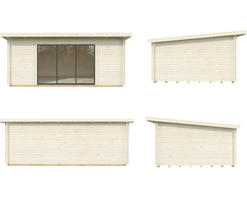 Vy av ett trähus med pulpettak och fönsterparti