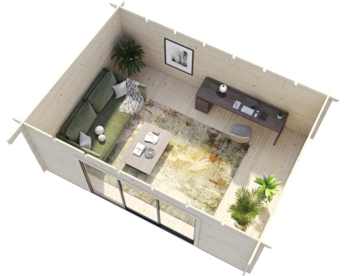 Interiörbild av ett trädgårdshus med vardagsrumsdel och arbetsdel