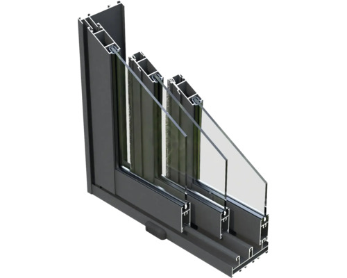 Tvärsnitt av ett aluminiumfönster med flera glasrutor