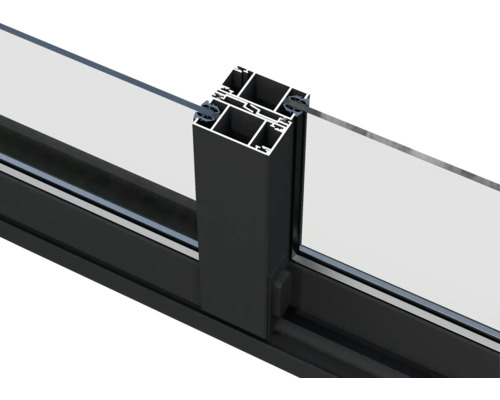 Detaljvy av en fönsterramkonstruktion av aluminium och glas