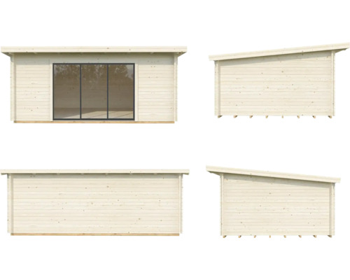 Trädgårdshus i trä med skjutdörr, vyer från fyra sidor