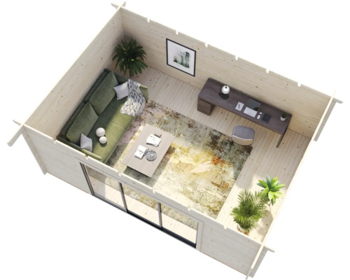 Interiör av ett trädgårdshus i trä med vardagsrum och kontor