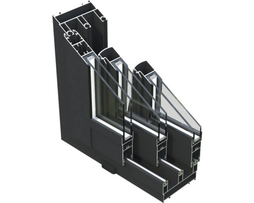 Tvärsnitt av ett fönster med treglas och ramprofil