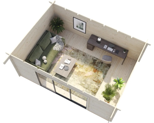 Interiörbild av en timmerstuga med vardagsrums- och arbetsyta