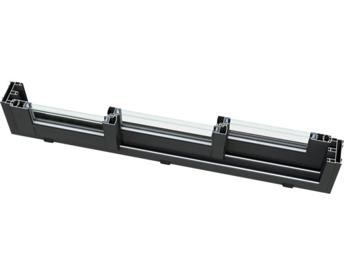 Tvärsnitt av en svart fönsterprofil med glas