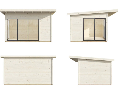 Vy av ett trädgårdshus med platt tak och skjutbara fönster