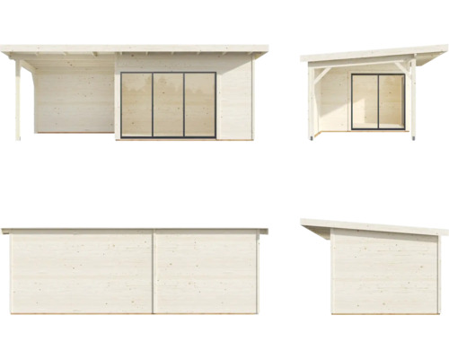 Olika vyer av ett trädgårdshus i trä med skjutdörrar