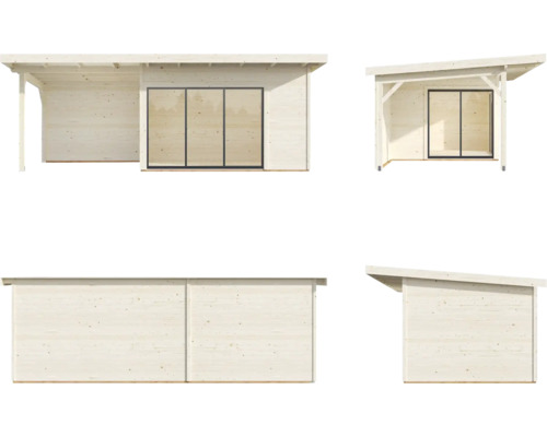 Flera vyer av ett trädgårdshus i trä med skjutdörrar