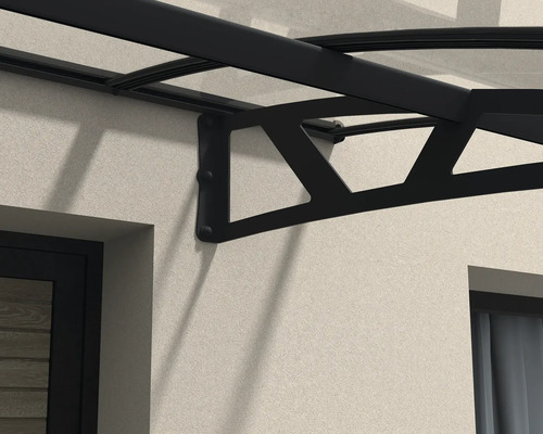 Detaljvy av ett dörrtak med klar täckning och svart metallstruktur