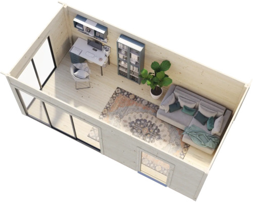 Interiör av ett trädgårdshus med skrivbord, bokhylla och soffa.