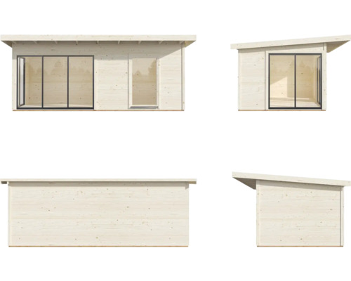 Trädgårdshus i trä med fönster och dörr i olika vyer