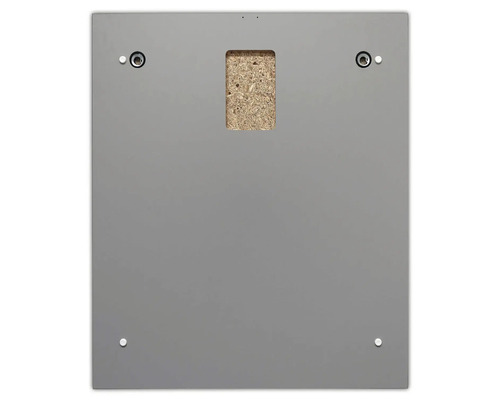 Baksida av en rektangulär platta med fästhål och urtag för upphängning