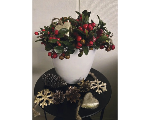 Juldekoration med bär, kottar, hjärtformade hängen och snöflingeornament i vit kruka på litet sidobord