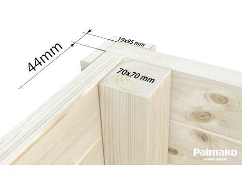 Detaljvy av ett trähörn med mått: 44 millimeter, 19 gånger 95 millimeter och 70 gånger 70 millimeter. Palmako logotyp.