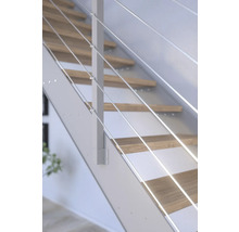 Detaljvy av trappa med räcke av rostfri stålvajer och trätrappsteg