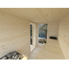 Interiör av en bastu med träpanel, bänkar och kamin