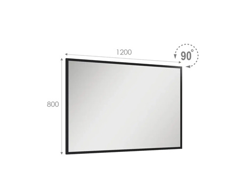Rektangulär spegel med måtten 1200 gånger 800 och en vinkel på 90 grader.