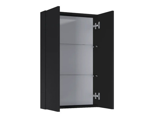 Öppet badrumsskåp med tre glashyllor