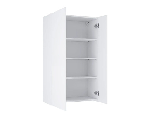 Vitt väggskåp med öppna dörrar och tre hyllor