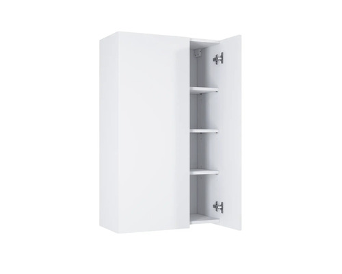 Vitt väggskåp med öppna dörrar och hyllor