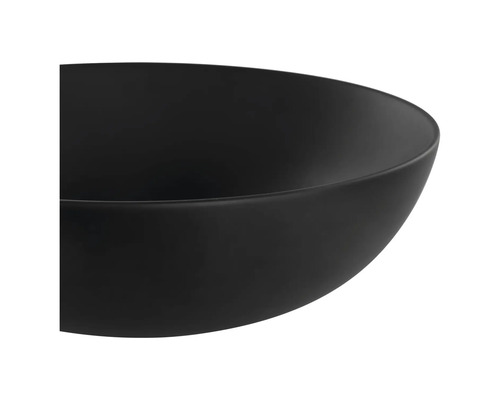 Närbild av ett runt, svart tvättställ