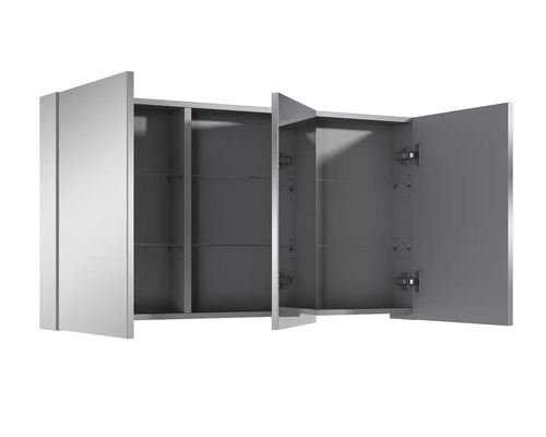 Öppet spegelskåp med tre dörrar och glashyllor för badrummet